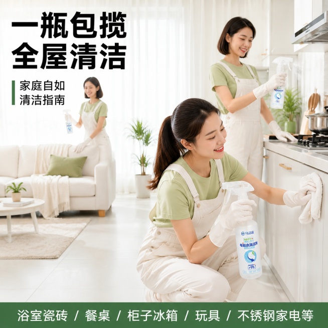 1:1方形电商场景详情图，核心突出产品"一瓶包揽全屋清洁"的核心卖点，展示三位黄种人女性在家庭不同区域进行清洁的场景，分别对应客厅、厨房不同清洁位置，直观体现产品「图片1」一瓶搞定全屋多区域清洁的优势预览效果