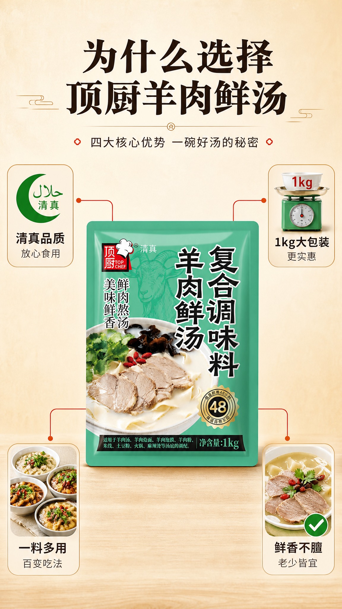 [商品] 使用【图1】顶厨羊肉鲜汤复合调味料袋装；保留包装全部… - 图片创意预览