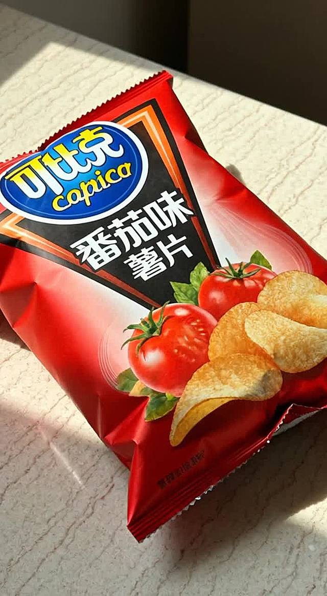 打开薯片包装，动作自然，第一帧自然过渡，吃薯片，全程无对话无音乐，只有纯粹的环境音与产品交互声。