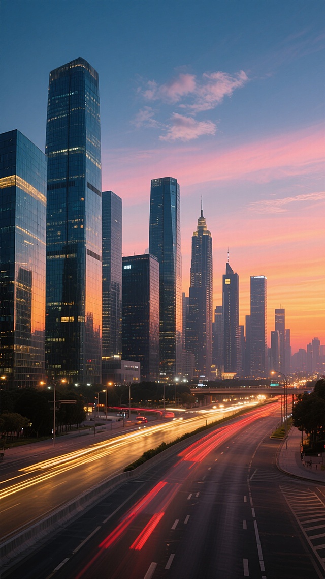 城市天际线全景，现代建筑群错落有致，高楼大厦玻璃幕墙反射着日落时分的霞光，天空呈现从橙粉到深蓝的渐变色彩，点缀着几缕薄云，地面道路上车流形成金色和红色的光轨，整体画面干净通透，光影层次分明，色调和谐统一，适合作为背景素材使用的城市夜景风光，具有清晰的视觉层次和宁静而繁华的氛围。
