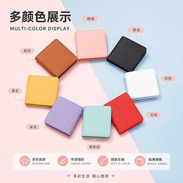 [商品] 使用【图1】粉色、【图2】黑色、【图3】白色、【图4】红色、【图5】薄荷绿、【图6】紫色、【图7】黄色、【图8】棕色共8色驾驶证套；保留各款颜色、对折结构、圆角和缝线；商品处理：统一光影方向和角度，使8款产品视觉统一，不改变颜色和版型。
[画面] 目标：多颜色矩阵展示页，呈现8色缤纷选择。构图：环形放射排列，8色驾驶证套围绕中心呈半圆形或花瓣形错落摆放，每款角度略有不同，形成丰富而有序的视觉效果。主体占画面70%。背景为粉蓝双色斜向拼接。
[视觉] 套系策略：风格=清新马卡龙色系简约商业摄影；标题字=现代无衬线粗体（思源黑体Heavy）；正文字=简洁无衬线体（思源黑体Regular）；主色=樱花粉+婴儿蓝双色拼接；背景延展=基于粉蓝双色做深浅渐变层级、同色柔和过渡和细腻哑光纸张质感；强调色=暖珊瑚粉，仅用于小面积图标、引线和标签底衬；标题色=深炭灰；正文色=中暖灰；组件=圆角浅底信息卡、细直线引线、圆形图标；光影=左前侧45°暖柔光，柔和自然投影。
[文字] 顶部居左主标题「多颜色展示」+英文「MULTI-COLOR DISPLAY」。每款产品下方或旁边标注色名：粉色、黑色、白色、红色、薄荷绿、紫色、黄色、棕色。底部加一行小字「多彩生活 随心选择」。所有文字横排。
[规格] 图片比例1:1正方形，4K分辨率，负向提示：避免变形、错字、文字过小、冷蓝灰主色、产品颜色改变、版型失真、白底、水印、二维码、极限词。
