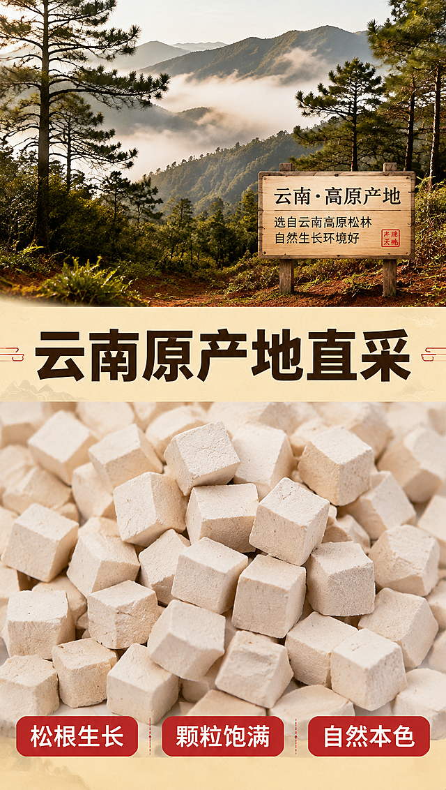 [商品] 茯苓原料参考【图1】的白色方块状形态、颜色和质地特征；本页为成分/产地专张，主视觉为云南高原产地实景+茯苓原料大尺度特写，产品颗粒作为原料展示保留真实外观。
[画面] 第2张 成分/产地展示·产地叙事+原料微距型。目标：强化云南原产地价值，让用户相信原料正宗。构图：上下分屏竖版9:16，上半部分约50%为云南高原山地/松林产地实景（云雾缭绕的云南山林、松树、红土地），下半部分约50%为茯苓丁原料微距满铺特写；产地画面占比≥40%，原料特写占比≥40%，核心元素尺度大，不用小icon点缀。前中后景：远景云南山峦松林，中景产地标识牌式文字区，近景茯苓丁颗粒大特写铺满下半屏，颗粒清晰可见切面纹理。
[视觉] 套系策略：风格=拼多多接地气中式家常商业摄影风，暖调明亮，高信息密度；标题字=粗黑体大字，厚重醒目；正文字=简洁黑体，清晰易读；主色=暖米杏+原木棕；背景延展=基于暖米杏做深浅层级、同色渐变和细腻纸张/木纹质感；强调色=朱砂红，仅用于小面积标签、价格感图标、引线和重点高亮；标题色=深棕黑；正文色=中暖棕；组件=圆角红底白字标签、细线引线、中式印章式小标；光影=自然日光感，产地侧自然光，原料顶侧柔光。
[文字] 中部横跨主标题大字：「云南原产地直采」（7字），产地画面配小字说明：「选自云南高原松林 自然生长环境好」，原料特写区配3个卖点：「松根生长」「颗粒饱满」「自然本色」，文字全部横向排版，字号保证手机端可读。
[规格] 单屏比例9:16竖版，分辨率4K，负向提示：避免变形、错字、文字过小、冷蓝/蓝灰背景、茯苓颗粒失真、虚假产地承诺、极限词、平台Logo水印。