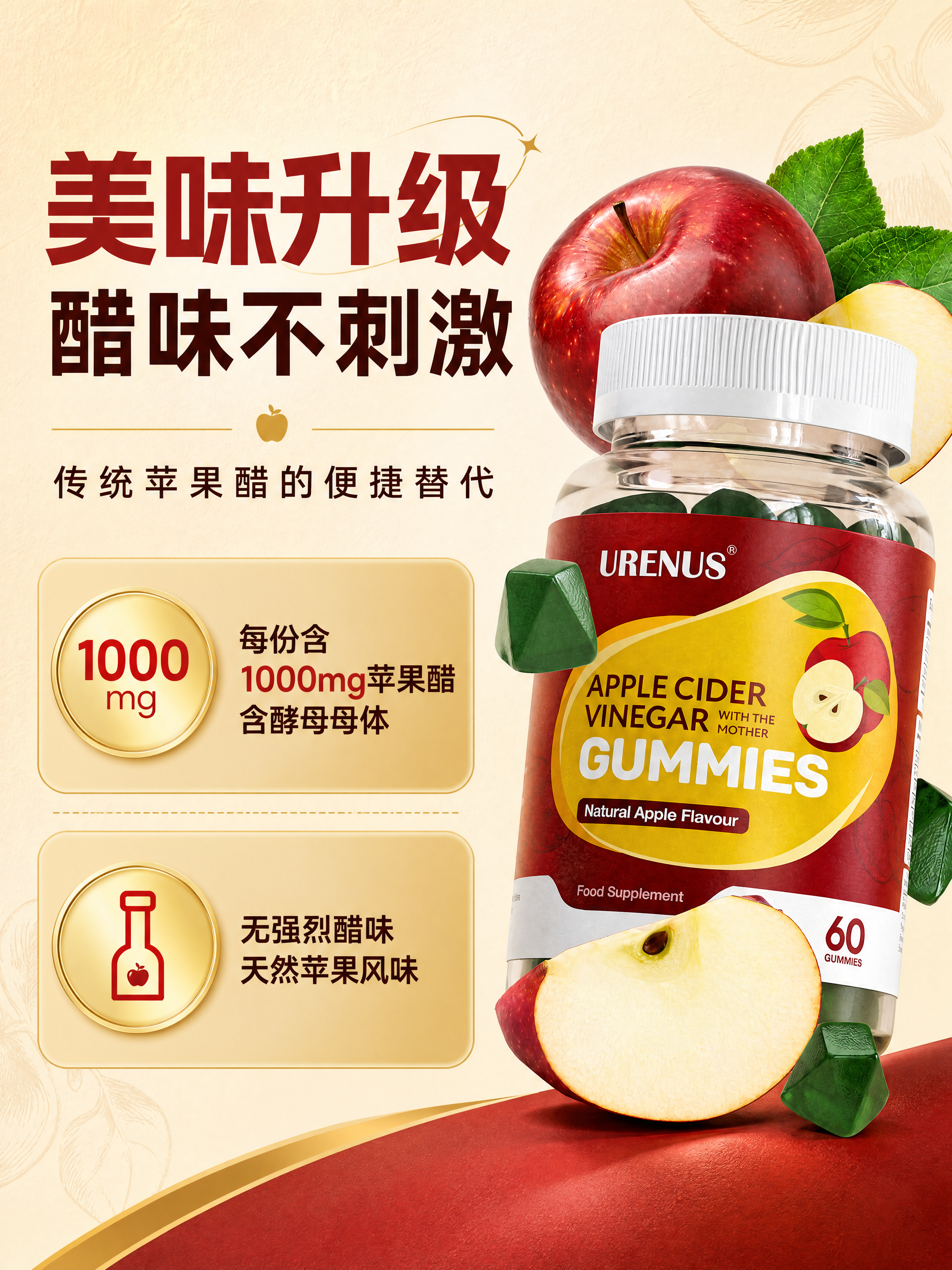 [商品] 使用【图2】URENUS苹果醋软糖产品图；保留瓶身所… - 图片创意预览