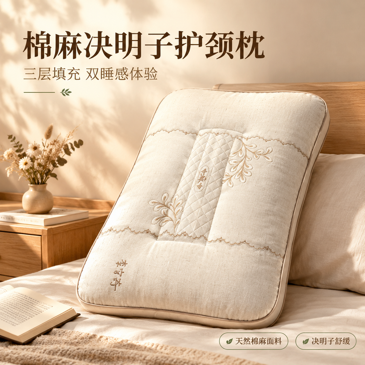[主图-1] 棉麻决明子枕氛围特写主图，突出产品整体外观与居家… - 图片创意预览