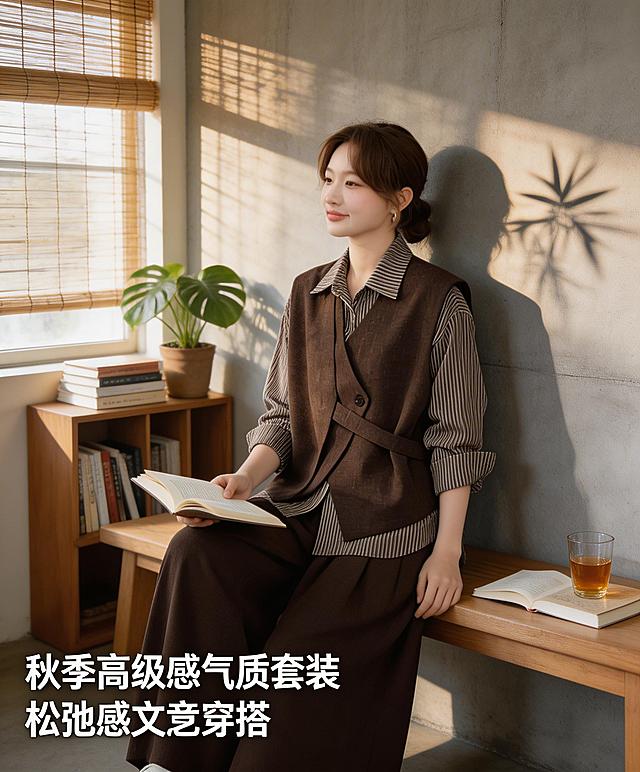 基于原图，保留女士身上的深棕色条纹衬衫马甲阔腿裤三件套服饰，将背景替换为：上午10点的自然侧逆光透过竹帘，在水泥灰墙面与衣料上投下斑驳竹影，暖调光线，背景有原木书架、窗边绿植，散落诗集和半杯清茶，女士侧身轻靠长凳，一条腿微微屈膝，一手搭在膝头捏着诗集页角，一手自然垂落，眼神轻垂望向竹影方向，整体松弛安静治愈文艺氛围感，适合抖音图文带货，添加带货文案"秋季高级感气质套装 松弛感文艺穿搭"