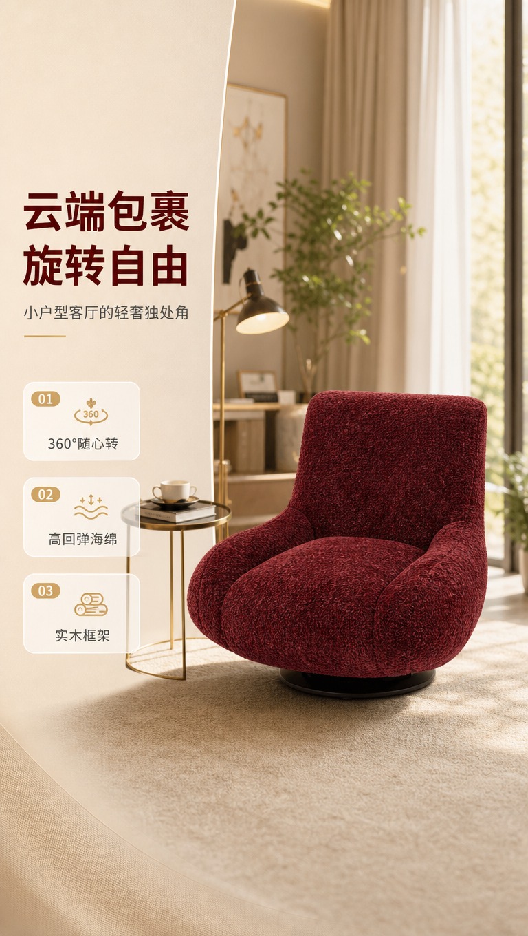 [商品] 使用【图1】酒红色布艺旋转单人休闲椅；保留整体造型、… - 图片创意预览