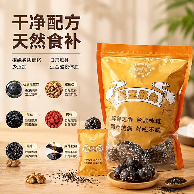[主图-4] 黑芝麻丸配方与食补价值展示。
[氛围风格] 干净天然健康风
[画质] 商业摄影质感，光线柔和通透，产品清晰真实，画面干净高级
[元素] 黑芝麻丸产品包装放在画面右侧，左侧展示独立小袋包装抽出的动态，搭配文字气泡标注配方优势，背景浅木色桌面，散落几颗黑芝麻丸，保持产品包装外观与输入图一致，商品主体占比约65%，画面满屏无边框
[光影] 均匀柔和自然光，整体干净明亮无硬阴影
[配色] 浅木色背景搭配深黑芝麻、暖金包装，整体干净暖调
[视角构图] 平视构图，主体居中突出
[文字版式] 左上方主文案"干净配方 天然食补"，深棕色粗体大字，下方分两列标注：左列"拒绝劣质糖浆 少添加"，右列"日常滋补 适合熬夜体虚"，小字清晰，不遮挡产品主体
[比例分辨率] 1:1比例，文字清晰可辨，超高清
[负向提示词] 变形，文字错乱，产品图模糊，背景杂乱，水印，电商平台Logo，疾病治疗宣传，绝对化违禁用词