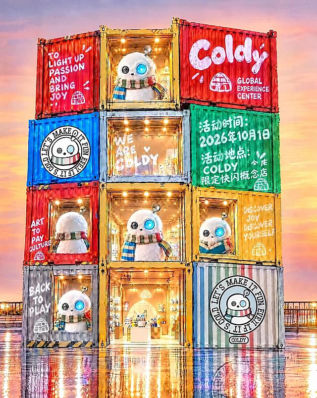 将图片中绿色集装箱上的文字“限定快闪概念店”替换为“COLDY 限定快闪概念店”，保持原有手写风格字体、白色颜色、排版位置和整体风格完全一致，其他所有元素（集装箱、卡通形象、其他文字、背景天空、地面倒影、灯光等）均保持不变，输出高清画质