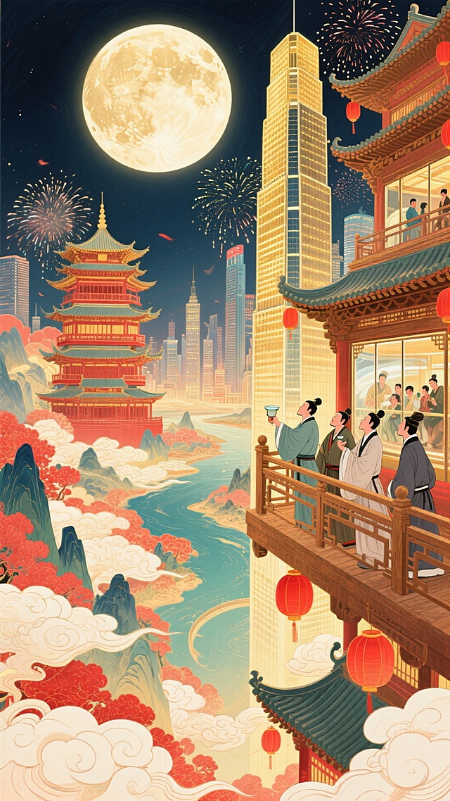 现代游客透过全景玻璃，赏烟花，背景古楼阁与城市高楼相融合，明月照。整体画面充斥着华丽的金色和喜庆的红色，奇幻色彩和光影变化，具有丰富的层次感和立体感，体现繁荣昌盛喜庆氛围，梦幻的大透视