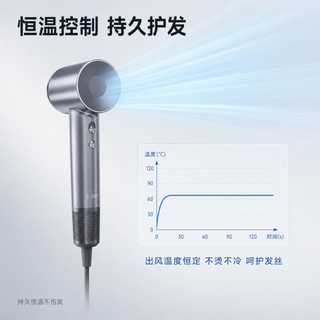 [主图-4] 吹风机恒温护发功能可视化展示。
[氛围风格] 科技动态，直观展示，专业功能场景。
[画质] 商业超高清摄影，动态效果自然真实，画面干净清晰。
[元素] 吹风机放置在画面偏左上位置，风嘴朝预览效果