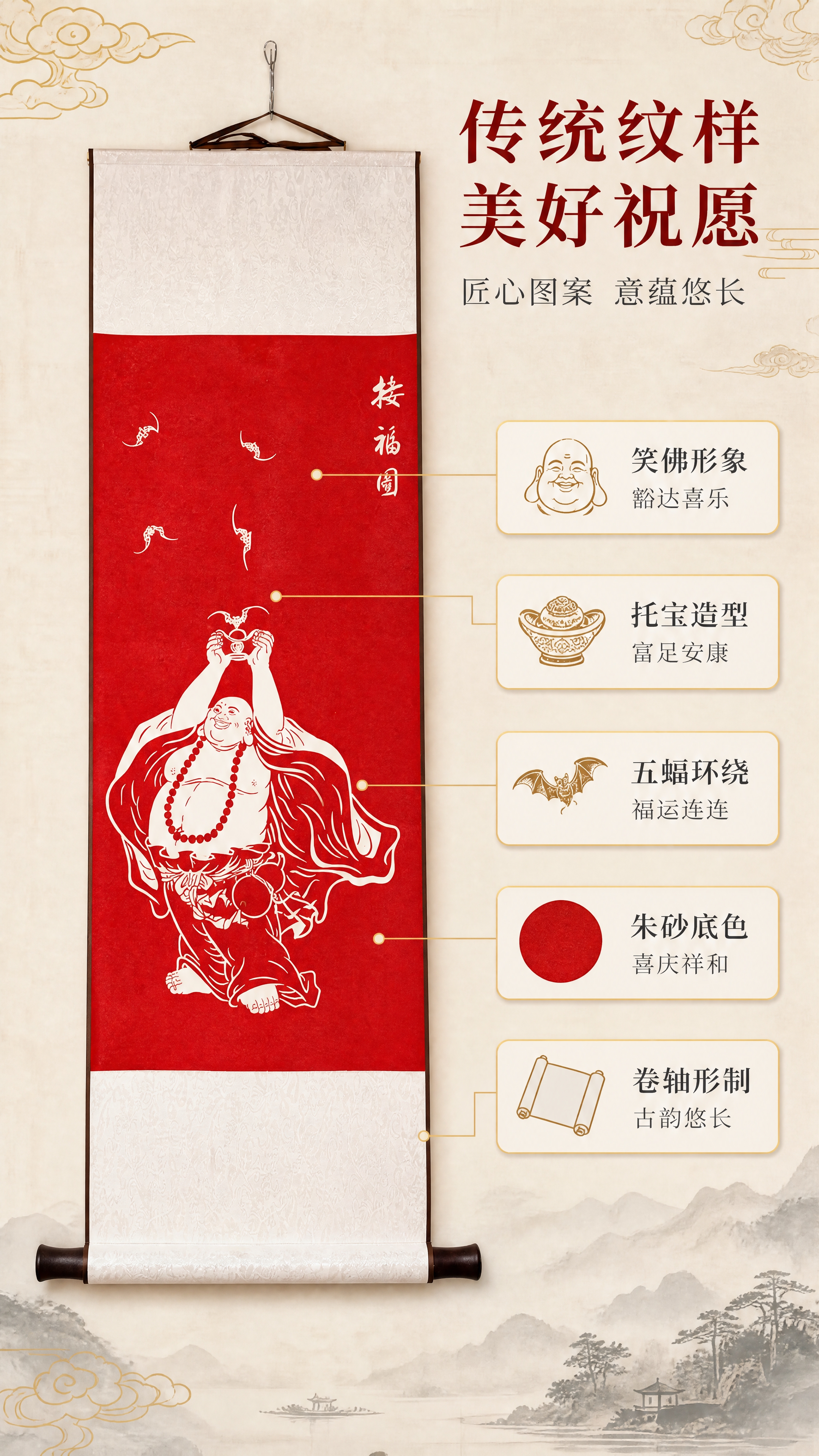 [商品] 使用【图1】弥勒佛接福图手工装裱卷轴挂画；保留朱砂红… - 图片创意预览