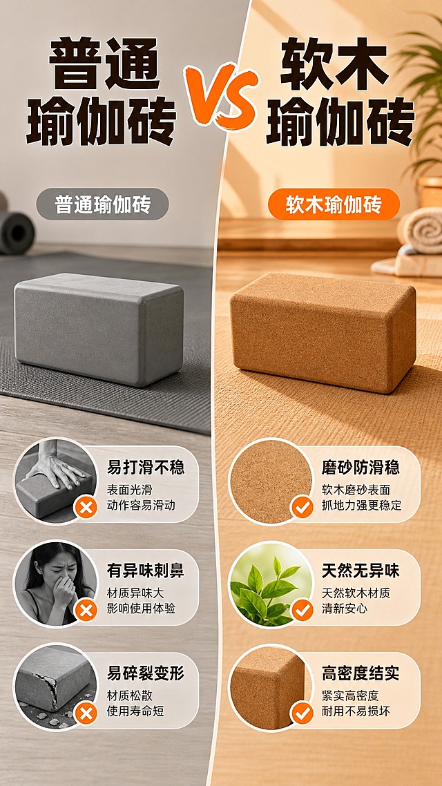 [商品] 使用【图1】天然软木瑜伽砖；保留长方体造型、圆角边缘、软木棕褐色材质纹理；右侧展示本品，左侧用灰色普通瑜伽砖作为对比参照，本品保持原貌。
[画面] 第2张·痛点对比型，目标是突出软木瑜伽砖相比普通砖的优势。左右分栏对比构图，左栏灰色普通瑜伽砖配痛点场景（打滑、异味、碎裂图标），右栏软木瑜伽砖配解决后场景（稳定、清新、结实图标）。产品各占左右半区，中景展示。背景左冷右暖形成对比。
[视觉] 套系策略：风格=拼多多接地气运动风商业摄影；标题字=粗黑体大字报风格；正文字=清晰无衬线黑体；主色=暖木棕；背景延展=基于暖木棕做深浅渐变、同色系层次、木质纹理和瑜伽场景质感；强调色=活力橙，仅用于小面积标签、图标和重点高亮；标题色=深棕黑；正文色=暖深灰；组件=圆角信息卡、粗线条引线、胶囊标签；光影=左前侧暖柔光，产品立体感强。
[文字] 顶部大标题"普通瑜伽砖 VS 软木瑜伽砖"，左栏3个痛点："易打滑不稳"、"有异味刺鼻"、"易碎裂变形"，右栏3个卖点："磨砂防滑稳"、"天然无异味"、"高密度结实"，文字横向排版，左右对应清晰。
[规格] 图片比例9:16竖版，4K，避免变形、错字、文字过小、产品颜色改变、结构失真、极限词。