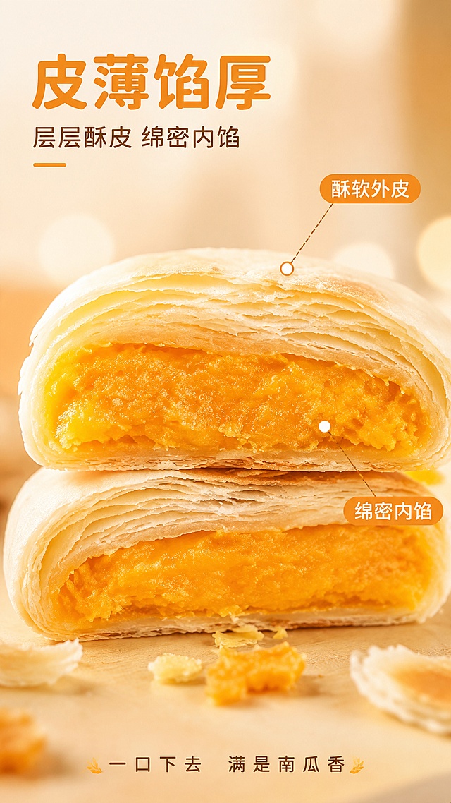 [第3屏] 口感质地特写-黄金南瓜饼剖面内馅绵密质感展示。本屏使用【图1】作为商品主体，重点展示切开的剖面细节。
[氛围/风格] 极致食欲特写风，暖色调，微距商业摄影质感，突出酥皮层次和内馅绵密。
[元素布局] 画面中央为2块叠放的切开南瓜饼，剖面正对镜头，占比约70%-75%；酥皮层层分明，内馅金黄绵密细腻，有油润光泽；旁边散落少量南瓜饼碎屑；背景为浅米色虚化，有柔和暖光斑。产品酥皮结构、内馅颜色质感与输入图一致。
[光影质感] 侧上方暖光打在剖面上，内馅呈现绵密油润的质感，酥皮层次分明有酥脆感，阴影柔和。
[配色色系] 全局底色 #FFF5E6（暖米杏色）；主色金黄内馅 #FFB347；辅助色酥皮米白 #FFF8F0。
[视角构图] 正面平视微俯视角，微距特写，浅景深，剖面内馅为绝对视觉中心。
[文字版式] 左上标题区版式。主标题「皮薄馅厚」，圆润黑体，暖橙色；副标题「层层酥皮 绵密内馅」；右侧2个口感标签：酥软外皮、绵密内馅，配引线指向酥皮和内馅位置；底部小字「一口下去 满是南瓜香」。文字不遮挡剖面主体。
[比例分辨率] 9:16竖版比例，4K分辨率，文字清晰可辨，高清画质。
[负向提示词] 产品变形，酥皮结构错误，内馅颜色偏差，水印，文字错乱，模糊。
