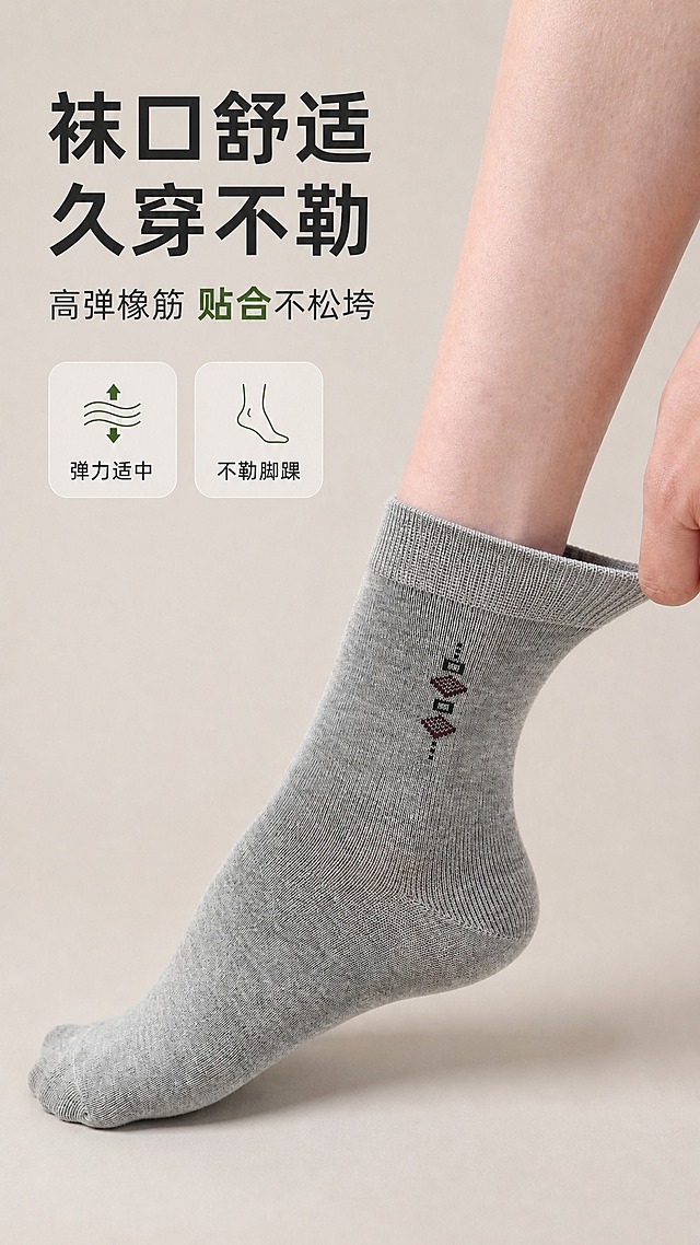 将图1的灰色菱格纹中筒袜替换到图2海报中，图2的背景、排版、文字UI、图标、箭头标注等全部元素保持不变，只替换袜子产品。袜子完整保留图1的原生针织纱线纹路、织物颗粒质感、原有菱格印花图案、自然褶皱形态，袜子材质质感完全沿用实拍素材，不重新绘制袜子，不抹平面料细节，只匹配图2环境的柔和侧前方光线，真实实拍感，禁止过度修图。画面左上角主标题为"袜口舒适 久穿不勒"，副标题为"高弹橡筋 贴合不松垮"，下方两个圆角方形图标框，左侧配上下波浪箭头图标和文字"弹力适中"，右侧配脚型图标和文字"不勒脚踝"，所有文字、图标、排版位置、配色与图2完全一致。浅米色纯色背景，柔和自然光，商业产品海报风格，画面精致，版式精美。