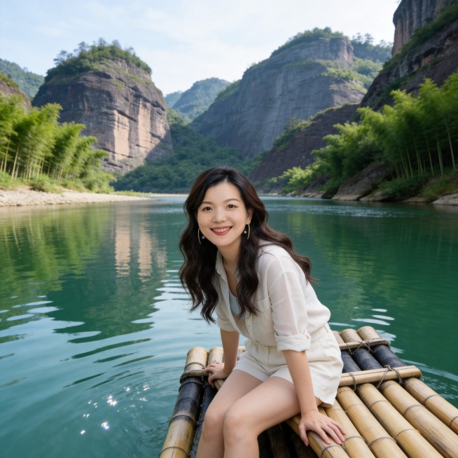 清新治愈系武夷山旅行写真，女生坐在竹排上欢乐游武夷山，氛围自然治愈充满度假松弛感；柔和的自然漫射光，水面波光粼粼，远山层叠绿意盎然，整体色调清透自然；清透奶油肌，真实皮肤纹理，白皙通透，细腻无瑕，保留预览效果