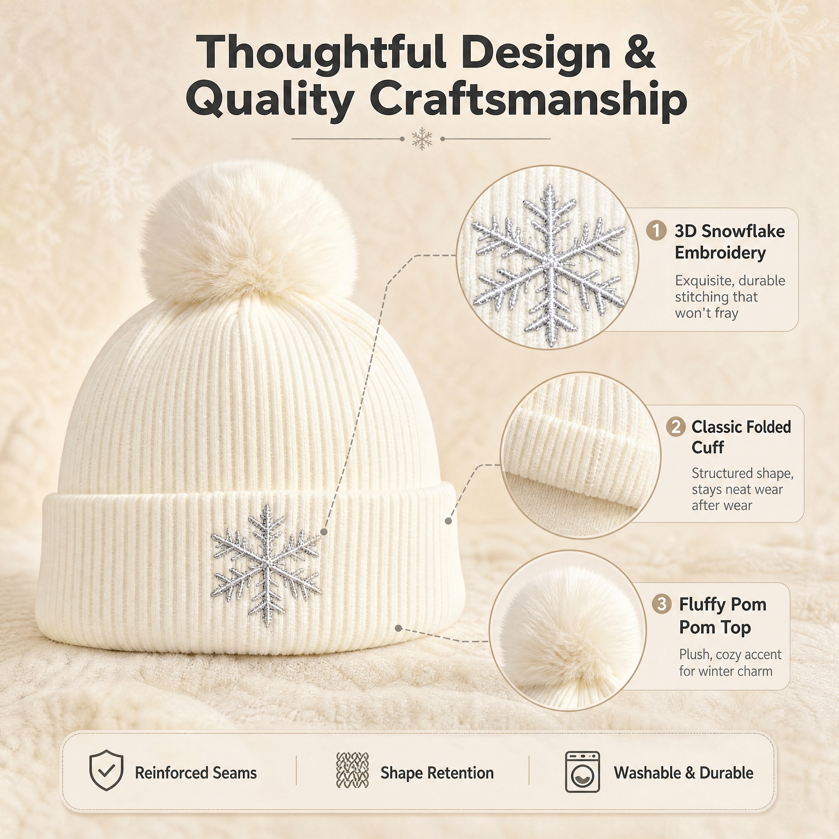 [商品] 使用【图1】奶白色雪花刺绣翻边针织冷帽；商品处理：保… - 图片创意预览