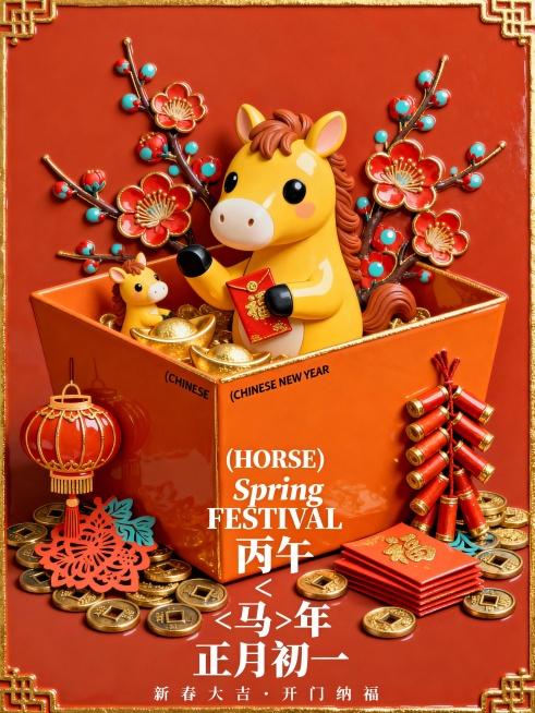 一个橘色元宝形礼盒中的新春场景（礼盒侧面印有微小的黑色无衬线英文 “(CHINESE) NEW YEAR”。场景的主角是一条探出头来的 Q 版黄色小马（拥有圆润的黑色眼睛，表情呆萌可爱），小马一只前蹄预览效果