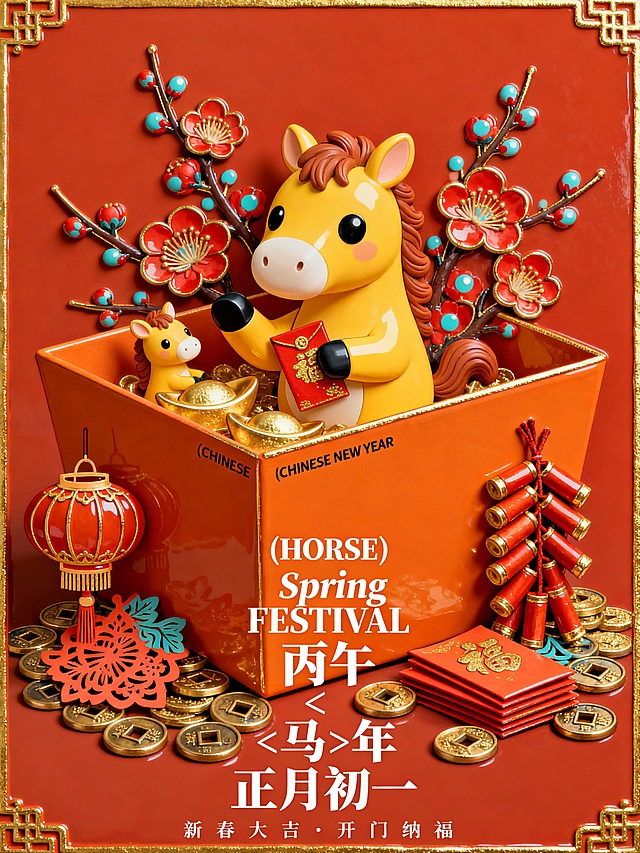 一个橘色元宝形礼盒中的新春场景（礼盒侧面印有微小的黑色无衬线英文 “(CHINESE) NEW YEAR”。场景的主角是一条探出头来的 Q 版黄色小马（拥有圆润的黑色眼睛，表情呆萌可爱），小马一只前蹄抬起作揖拜年，另一只前蹄抱着一只烫金红包，耳朵微微晃动。小马身后簇拥着几枝风格化的红梅，花瓣表面带有浅蓝色的波点装饰。礼盒底座下堆满了丰富的节日装饰元素：左侧立着剪纸灯笼；周围散落着方孔铜钱；右侧竖立炮竹，旁边堆着一沓压岁红包。画面下方中心垂直居中排列巨大的白色标题文字：第一行为带有括号的无衬线粗体英文 “(HORSE)”；第二行为混合字体英文 “Spring FESTIVAL”，其中 Spring 为优雅纤细的衬线斜体，FESTIVAL 为极粗的无衬线黑体；第三行为无衬线粗体中文 “丙午 < 马 > 年 正月初一”。画面最底部边缘横向排列着极微小的白色辅助信息 “新春大吉・开门纳福”。背景橘红色，装饰白色的四角星和放射状烟花图标。色彩呈现高饱和度的多巴胺糖果色系。