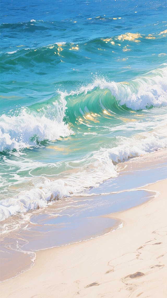 从高空俯瞰的海浪与沙滩全景，采用印象派油画风格，以厚重的笔触和丰富的色彩层次描绘。画面上方是深邃的靛蓝色海洋，逐渐过渡到明亮的青绿色波浪，阳光照射下泛着金色的光斑。海浪呈现出动态的卷曲形态，白色的浪花泡沫细腻而富有质感，与下方细腻的米白色沙滩形成鲜明对比。沙滩上留有浅浅的水痕和波纹，整体色调清新明快，营造出宁静而充满活力的海滨氛围。