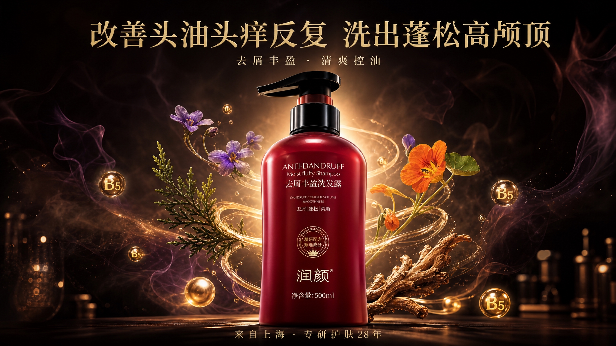 红色洗发水瓶身搭配花草与金色光效，主打改善头油头痒、蓬松高颅顶… - 图片创意预览