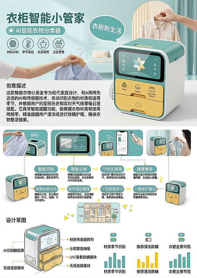 仿照示例海报版式设计家用衣物智能分类收纳盒创意海报，包含：作品名称、创意来源、创意描述、设计草图、设计样图、独创设计说明模块，要求所有文字清晰且字号较大，整体风格简洁现代，产品核心功能：识别衣物材质与季节，推荐穿搭，提醒清洗与除螨，配色清新明快，图文排版清晰，保留示例的分栏结构和产品展示位置