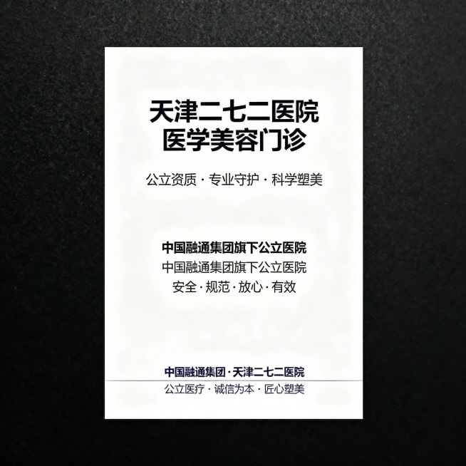 医疗机构宣传折页封面设计，移除顶部多余的文字，仅保留封面内容：主标题文字“天津二七二医院·医学美容门诊”，副标题文字“公立资质 · 专业守护 · 科学塑美”，标注“中国融通集团旗下公立医院”，宣传语“预览效果
