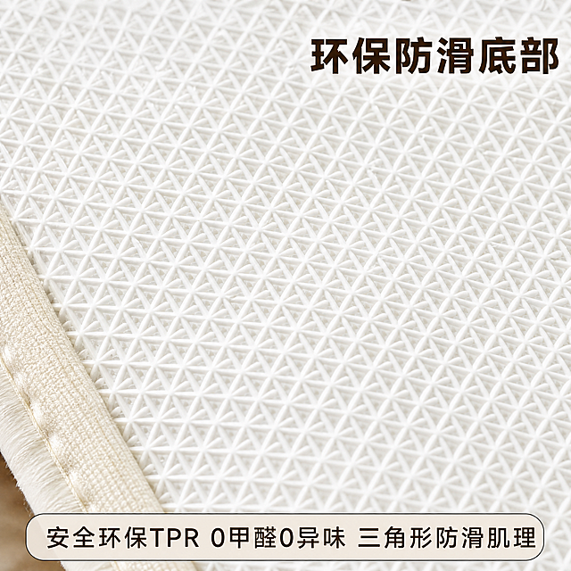 「图片1」，生成一套主图（5张），商品名称是纱线针织植绒地毯，毯面柔软亲肤，厚实吸水。底部安全环保TPR材质，0甲醛，0异味，底部防滑白色三角形肌理，风格是家居治愈风，场景大气明亮，适配抖音平台，主图比例为1:1尺寸80*160CM漂亮温馨场景「图片1」「图片1」