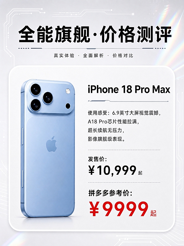 一张竖版3:4比例的iPhone 18 Pro Max价格测评海报，科技感风格，黑白浅色高级简约配色，带有轻微镭射光效点缀。整体版式参考图2的结构：顶部大标题区，中部一个圆角白色卡片内左侧是手机产品图、右侧是文字信息区。手机产品图100%还原图1中iPhone 18 Pro Max的浅蓝色外观、摄像头模组、机身结构与颜色，不改变商品颜色。右侧文字从上到下依次为：大标题"iPhone 18 Pro Max"，然后是"使用感受：6.9英寸大屏视觉震撼，A18 Pro芯片性能拉满，超长续航无压力，影像旗舰级表现。"，接着是"发售价：¥10,999起"，最后是"拼多多参考价：¥9999起"用醒目的红色大字标注。背景为浅灰白色渐变，带有细微的科技感电路线条和右上角轻微镭射彩虹光效，整体简洁高级。所有文字使用简体中文。画面中所有数字必须精确渲染，不得错位、遗漏或编造。画面中所有信息区域必须填充完整合理的内容，不得出现空白框。版式精美，排版清晰。