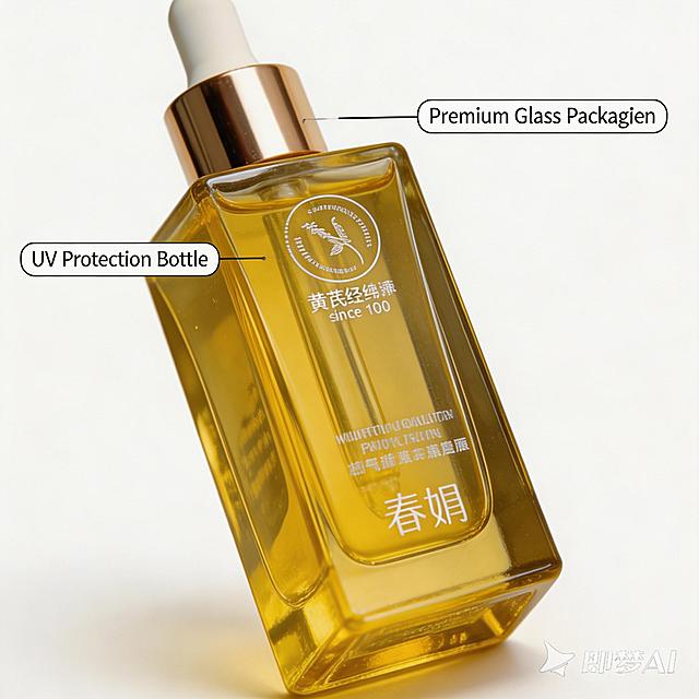 Close-up shot of the square glass bottle body details of astragalus repair essence. Highlight the high-quality thick glass material and the metallic luster of the dropper cap. Show the smooth bottle cutting process and delicate texture. Mark "Premium Glass Packaging" and "UV Protection Bottle" with thin lead lines. Clean background with soft light, high-definition detail display, all information marked in English, in line with Amazon specification requirements.