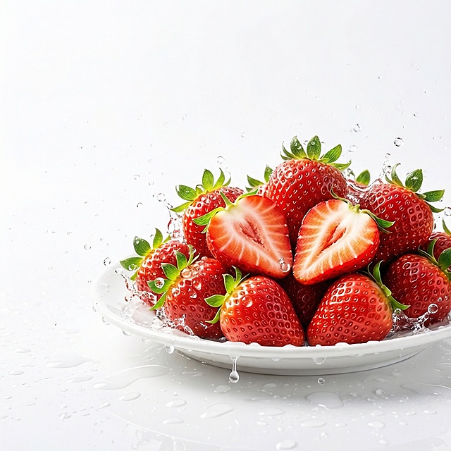 给盘子里的草莓添加飞溅的水珠，让草莓看起来新鲜水润