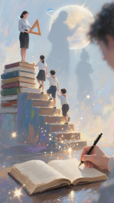 画面左上是女教师手持三角板与书本，画面中心是学生沿书本阶梯向上，背景有教师剪影、星球等，体现知识引领成长；画面下半部分翻开的书、书写的手，强化教育与传承预览效果