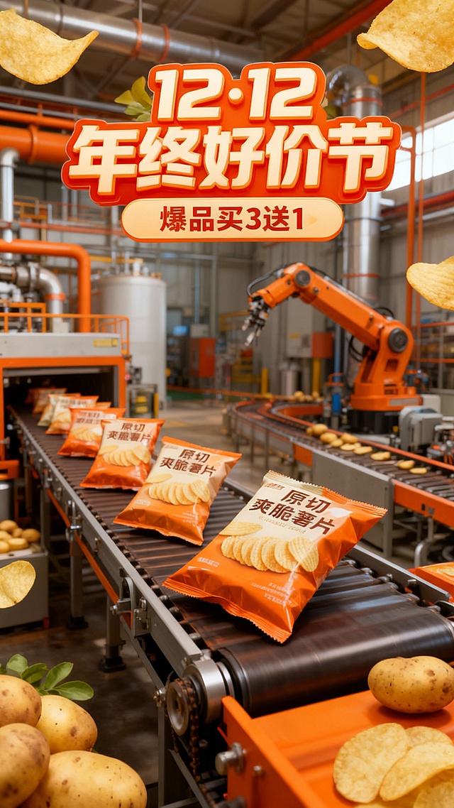 工业风工厂实景，3D重拟物设计，机械臂与传送带展现科技感，橙色主调强化促销氛围，现代未来感十足，呼应12.12年终好价节主题。