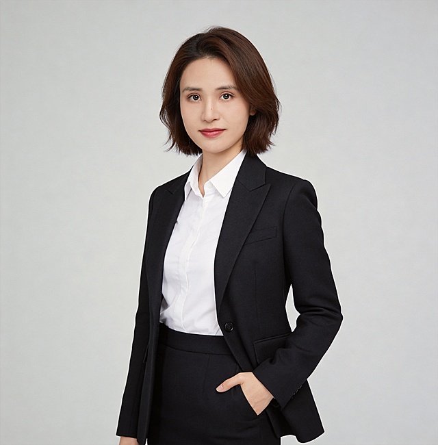 参考图中保留人物脸型、发型、年龄等特征生成职场形象照,标准焦段50mm,f/4光圈(f/2.8-f/4区间),平视视角(镜头与人物视线齐平);人物占画面70%,人物居中(居中构图),位于画面中心,为视觉聚焦点,入境范围头部及以下至臀部下方10cm(半身像);左右留少量背景空间;头部与画面顶部保留5%空间;头部发型完整,头肩比例协调,人物结构准确;发质微微柔顺，微微蓬松。身穿深黑色精纺羊毛混纺西装外套,(平驳领设计,面料呈细腻微微哑光质感);内搭白色衬衫;下装深黑色精纺羊毛混纺西装套裙;着装正式干练;专业稳重;身形匀称,姿态端正,身体挺拔。呈左手插兜的自然姿态，肢体放松且自信;简约微微中度灰色纯色背景(呈现均匀柔和质感),背景光线均匀柔和,强化色彩对比的高级感。极简干净;32k画质超高分辨率、细节清晰,现代精致感风格;肤质精细化处理;眼神直视镜头,目光坚定且澄澈,表情自然。嘴角上扬;韩式美颜磨皮精致妆容,自然裸妆(清透底妆+淡色唇妆),妆感轻薄,肤质精细化处理;白皙清透肤质透亮,微微柔光提亮,细腻无瑕,通透高级感干净清透肤质,肤色均匀,肌肤柔光美白细腻,自然提亮,光影柔和通透水光肌,肤质细腻平滑干净哑光肤质,无油光无暗沉;干净肤色,健康肤色,无蜡黄,无暗沉,无黄皮,肤质细腻,高清皮肤细节;微微修饰脸型,肤质哑光细腻,面部雾面柔光,轻透裸肌感,真实毛孔纹理,杰作,最佳画质,超高细节,写实摄影,中近景人像,面部清晰,五官精致,皮肤细腻通透,白皙清透皮肤,干净肤色,柔光,正面补光,面部光线均匀明亮,无浓重阴影,冷色调白平衡,画面干净清新,色调明亮,对焦清晰;分辨率4K,去除人物之外的所有元素。严格按照图片内容生成。