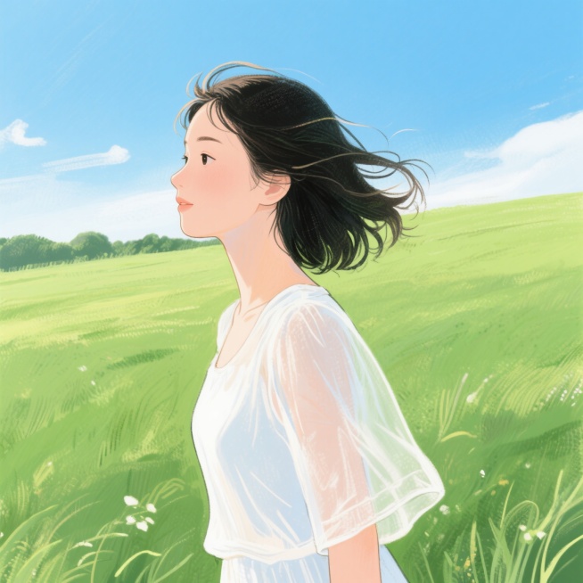 一位身穿白色薄纱上衣的女性，头发被风吹起，背景是广阔的绿色草地和晴朗的蓝天，阳光明媚，整体氛围清新自然。预览效果