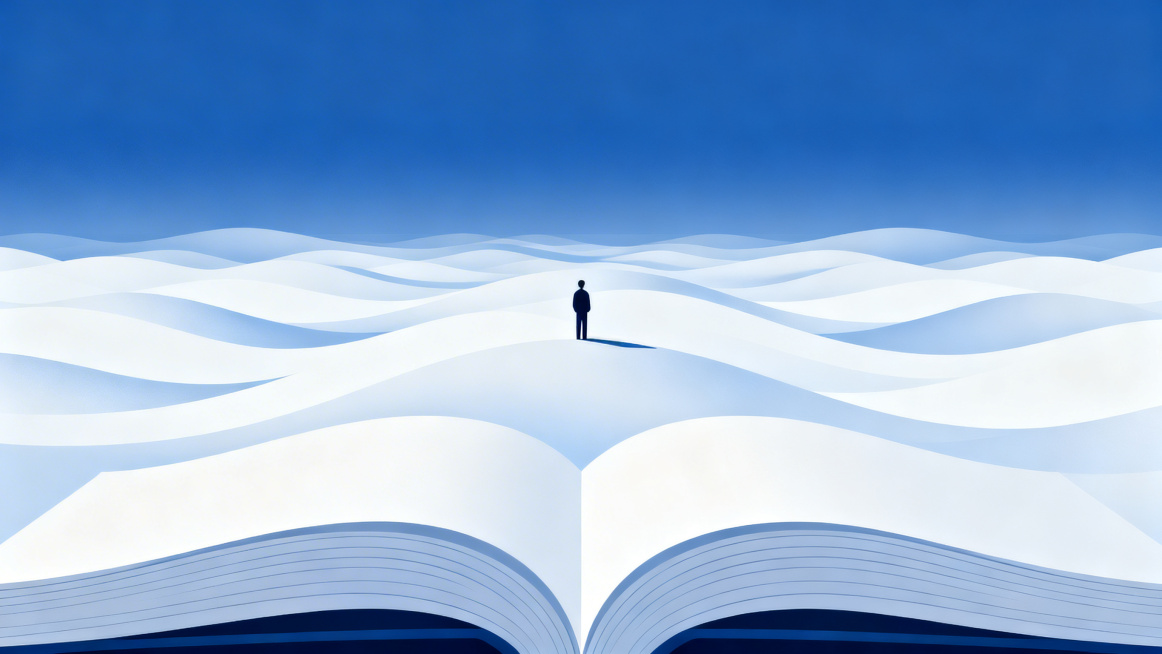 翻开的书页化为层叠白色波浪向远方延伸，深蓝渐变天空，渺小人物剪影站在书页上眺望远方，极简线条感，大量留白，顶部为纯净天空预留位置放标题，书页波浪纹理清晰，扁平矢量风格，治愈蓝调，无立体效果预览效果