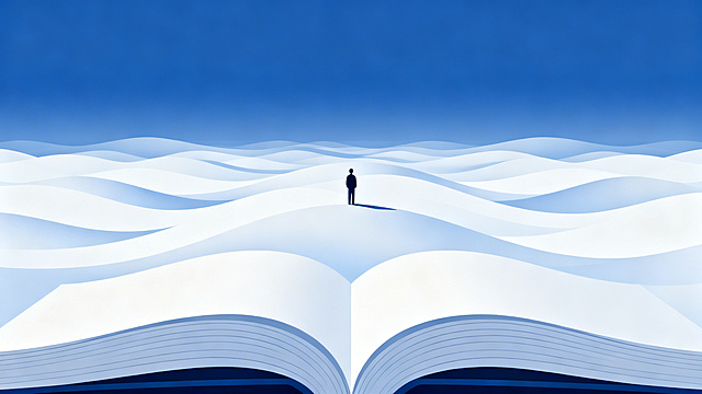 翻开的书页化为层叠白色波浪向远方延伸，深蓝渐变天空，渺小人物剪影站在书页上眺望远方，极简线条感，大量留白，顶部为纯净天空预留位置放标题，书页波浪纹理清晰，扁平矢量风格，治愈蓝调，无立体效果