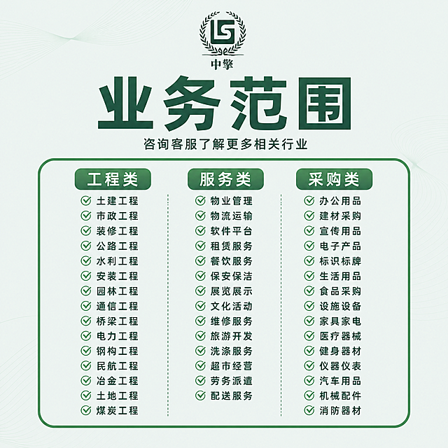 电商业务范围海报，1:1正方形，参考示例图片的浅薄荷绿背景，统一调整绿色深浅度和整体配色，保持所有文字内容和排版结构不变：顶部正中间是中擎LG麦穗logo，顶部白色加粗大字"业务范围"，小字"咨询客服了解更多相关行业"，中间黄色圆角矩形框，框内分三栏工程类、服务类、采购类并对应全部业务文字，深绿黄白配色，商务稳重，高清排版，绿色深浅度和配色完全和参考示例图保持一致