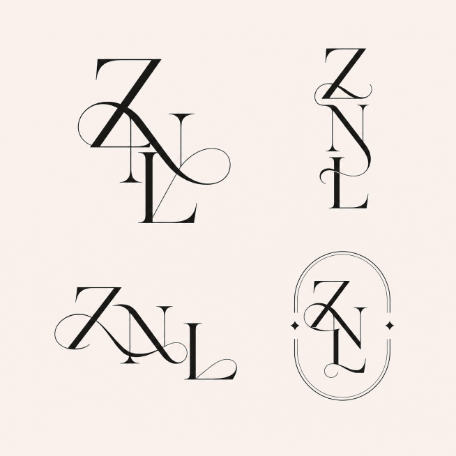 参考参考图片的字体设计风格，创作ZNL三个字母组合的优雅艺术字体logo，不同排版，极简风格，黑色字体，浅米白色背景，流畅曲线，现代高级感预览效果