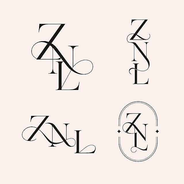 参考参考图片的字体设计风格，创作ZNL三个字母组合的优雅艺术字体logo，不同排版，极简风格，黑色字体，浅米白色背景，流畅曲线，现代高级感