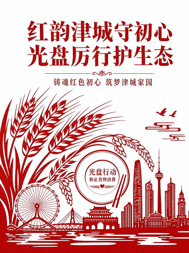 生成红色主题生态文明海报，标题为"红韵津城守初心 光盘厉行护生态"，紧扣"铸魂红色初心 筑梦津城家园"主题，参考图片的红色剪纸风格，突出麦穗元素和天津城市剪影，突出光盘行动制止食物浪费主题，整体红白色调，剪纸剪影风格和谐统一