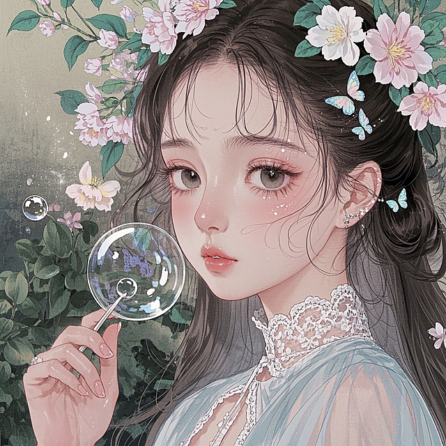 梦幻插画风，唯美水彩少女，花间泡泡，清新自然。