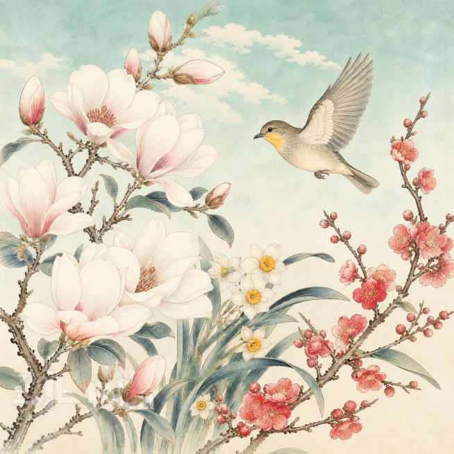 2月花鸟图，按照参考图的工笔国画风格，使用各类花卉飞鸟素材创作，画面美观雅致，不包含任何文字，正方形尺寸，保持与参考图一致的工笔画风，可根据二月季节特点搭配当季花卉预览效果