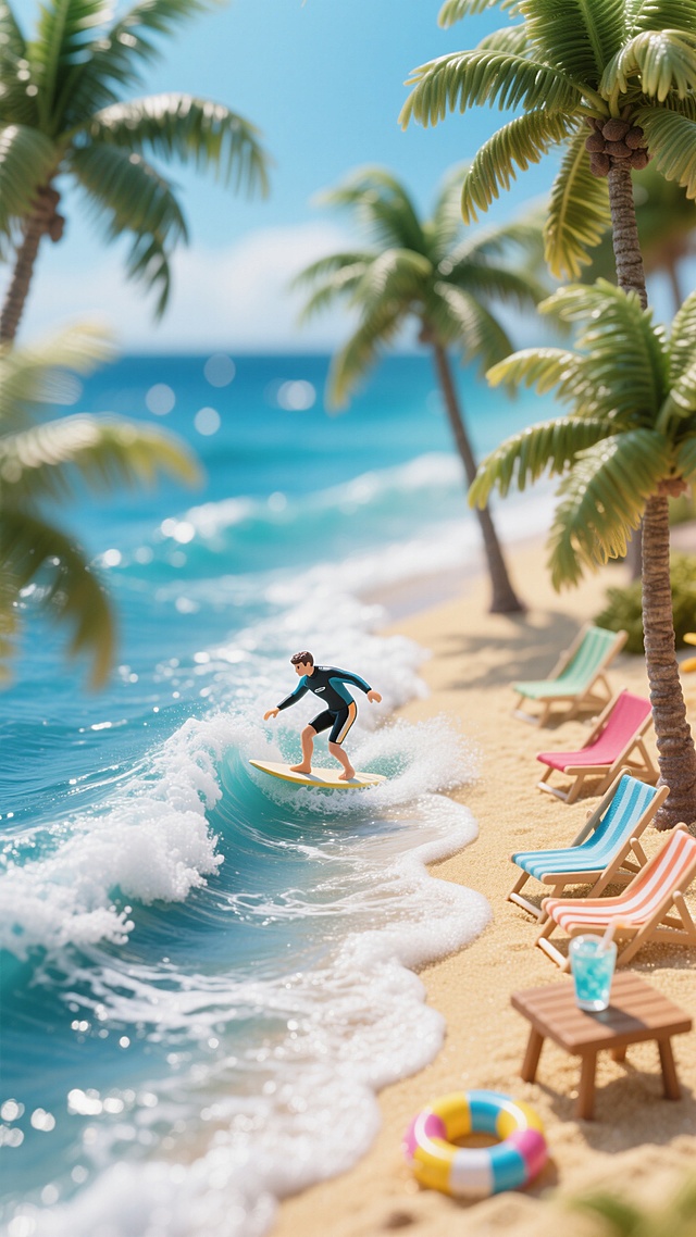 插画风微缩艺术，液态海浪与冲浪者，清新舒适，夏日海滩风情。