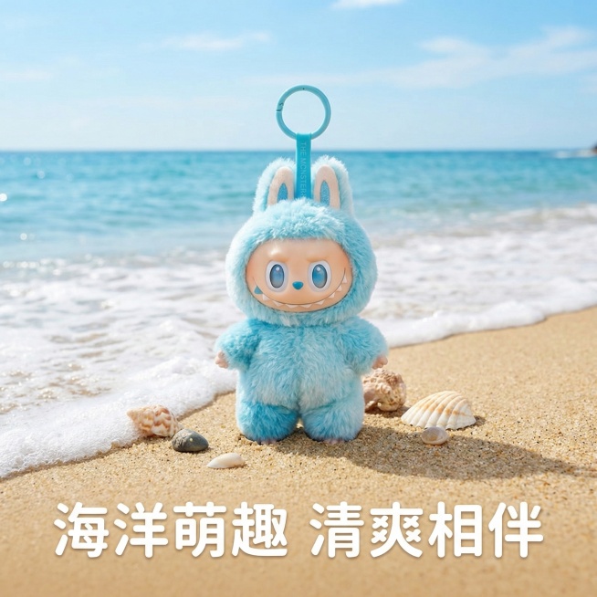 将图中蓝色毛绒挂件放置在海洋沙滩场景中，背景是蔚蓝大海与金色沙滩，有白色海浪拍岸，突出产品清爽海洋风格，底部添加“海洋萌趣 清爽相伴”文案预览效果
