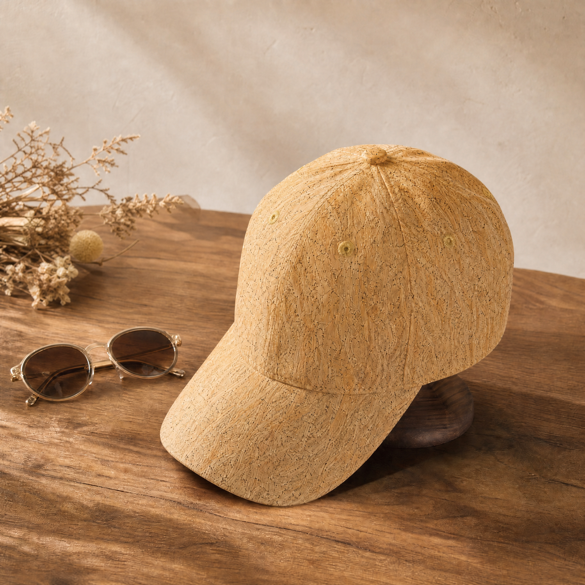 将这张图中软木鸭舌帽的颜色调整为偏黄一点的暖调浅棕黄色，整体色… - 图片创意预览