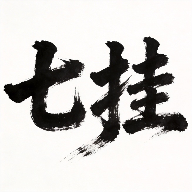 干净的纯白色背景。平面艺术字体设计，两个字"七挂"，毛笔书法字体，笔触苍劲有力，笔画呈现飞白枯笔效果，墨色浓黑厚重，局部带有自然水墨晕染。整体笔势一气呵成，字间距紧凑，书法风格古朴大气，飞白效果收敛在预览效果