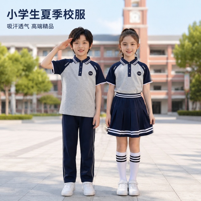 「图片1」，生成一套主图（5张），商品名称是小学生通用款夏季校服，卖点是吸汗透气「图片1」，高端精品，适配拼多多平台，主图比例为1:1预览效果
