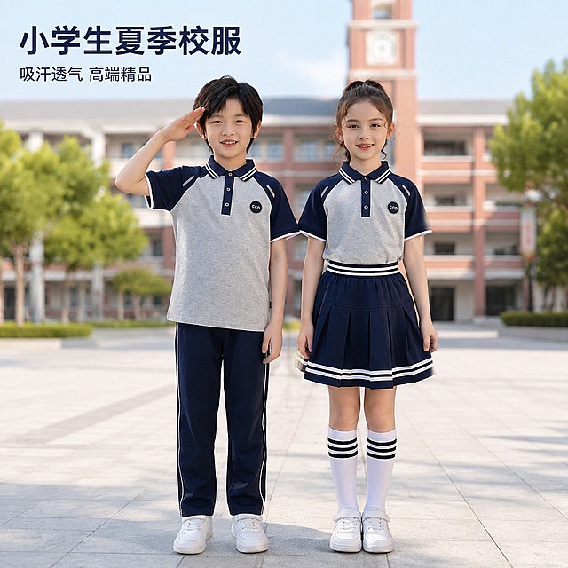 「图片1」，生成一套主图（5张），商品名称是小学生通用款夏季校服，卖点是吸汗透气「图片1」，高端精品，适配拼多多平台，主图比例为1:1