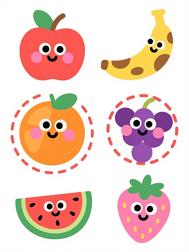 六个不同色彩的卡通水果图标系列，保持统一的扁平化设计风格，每个水果都有圆圆的眼睛、微笑的嘴巴和粉色腮红，周围环绕着红色的虚线圆圈和装饰性线条。第一个是红色苹果配绿色叶子，第二个是黄色香蕉带棕色斑点，第三个是橙色橙子带绿色叶子，第四个是紫色葡萄成串状，第五个是绿色西瓜切片带黑色种子，第六个是粉色草莓带绿色叶子和黄色小点。所有图标均为纯色背景，整体排布规整，色彩鲜明活泼，充满童趣和可爱感。
