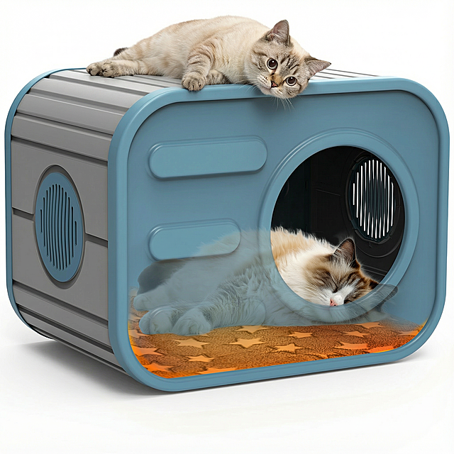 在参考图1基础上生成猫窝顶部慵懒趴着一只圆眼猫（好奇表情），露出好奇表情，画面干净通透，色调柔和温暖，质感像高清商品展示图，背景纯白无杂物，高清，4k，4张图